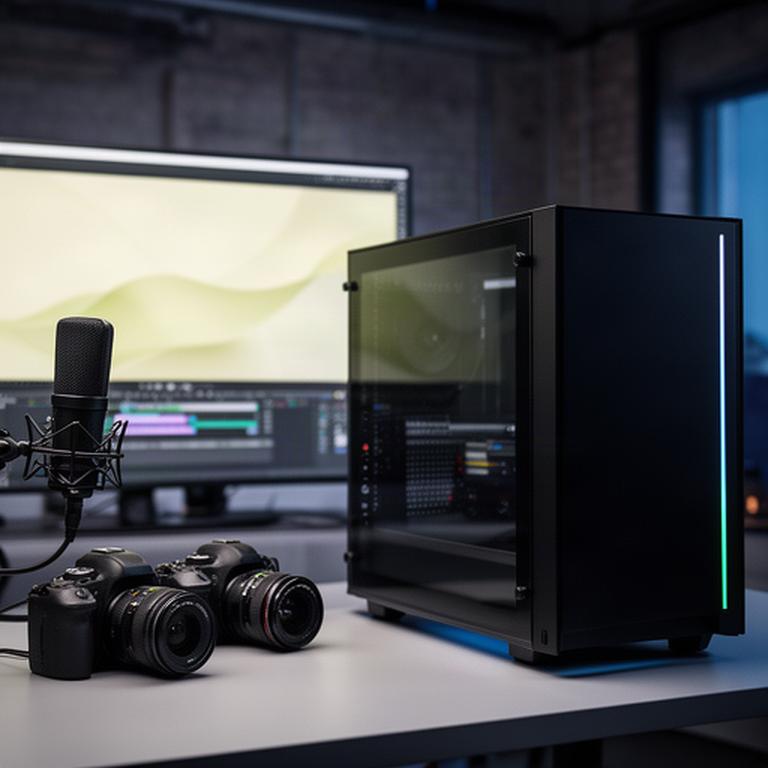 Black custom gaming PC beside a camera, microphone and editing monitor in a Sheffield creator studio